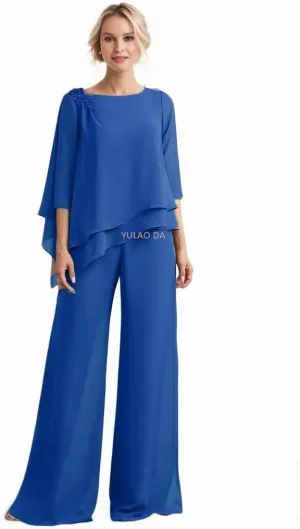 2 Pieces Mother of The Bride Pant Suits Appliques Ruffle Lace Appliqued Chiffon Wedding Outfits for Women