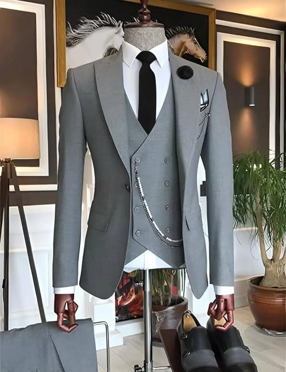 3 Piece Slim Fit Classic Double Breasted Formal Suit for Men - Wedding Prom Blazer, Pants, and Vest