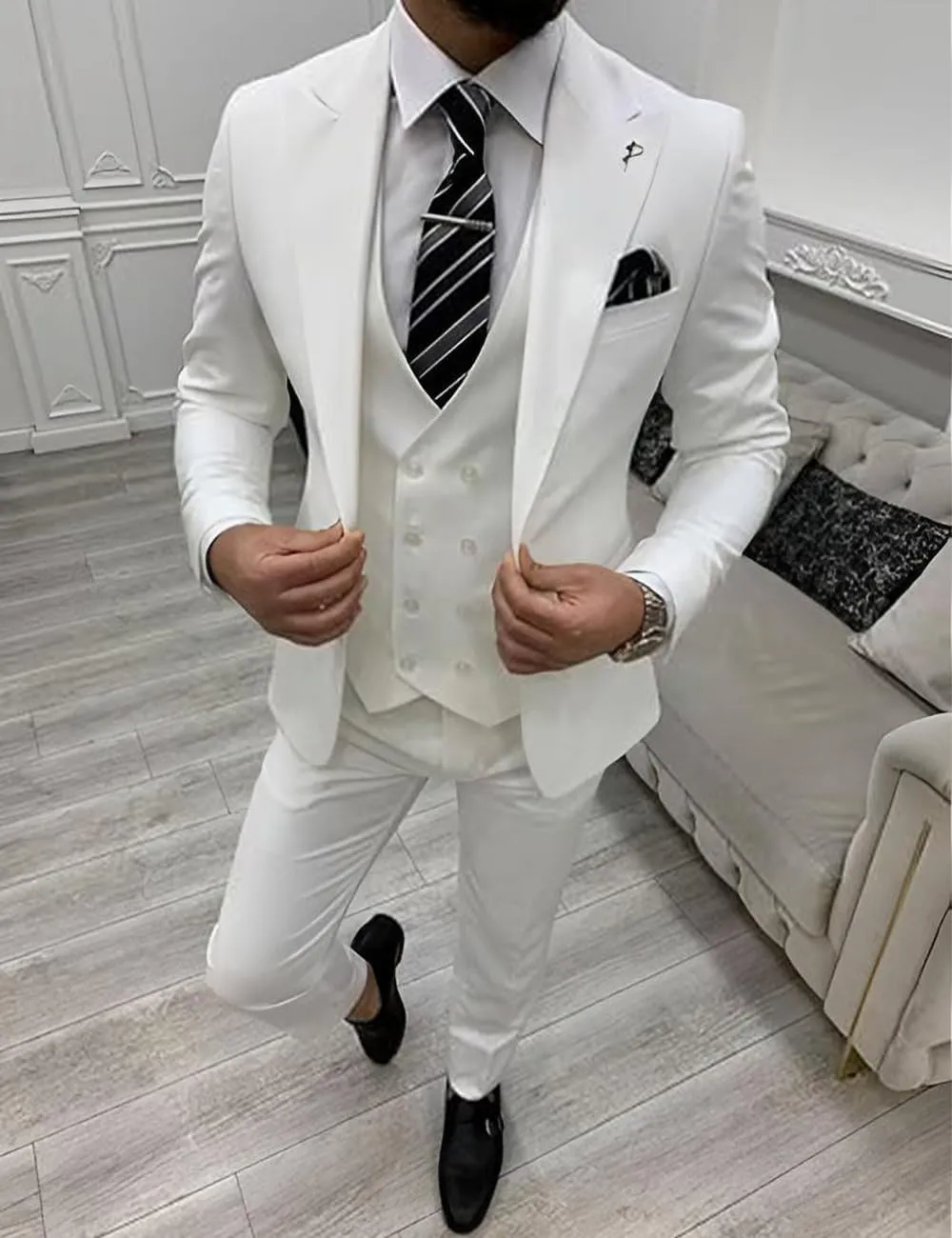 3 Piece Slim Fit Classic Double Breasted Formal Suit for Men - Wedding Prom Blazer, Pants, and Vest