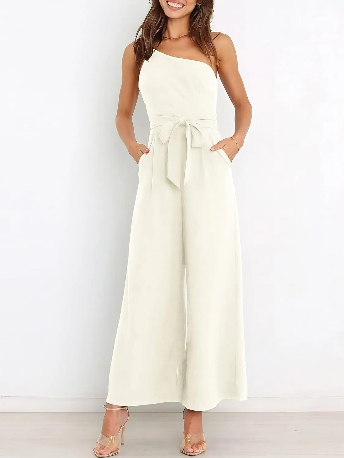 ANRABESS Women Summer Dressy Jumpsuits One Shoulder Sleeveless Casual Wide Leg Pants Romper Jumper 2025 Trendy Outfits