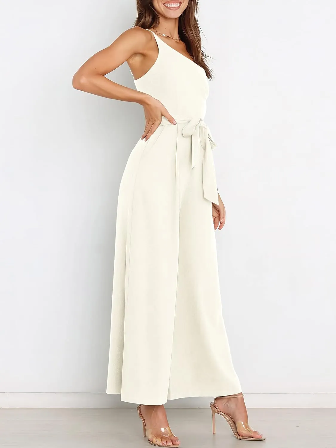 ANRABESS Women Summer Dressy Jumpsuits One Shoulder Sleeveless Casual Wide Leg Pants Romper Jumper 2025 Trendy Outfits