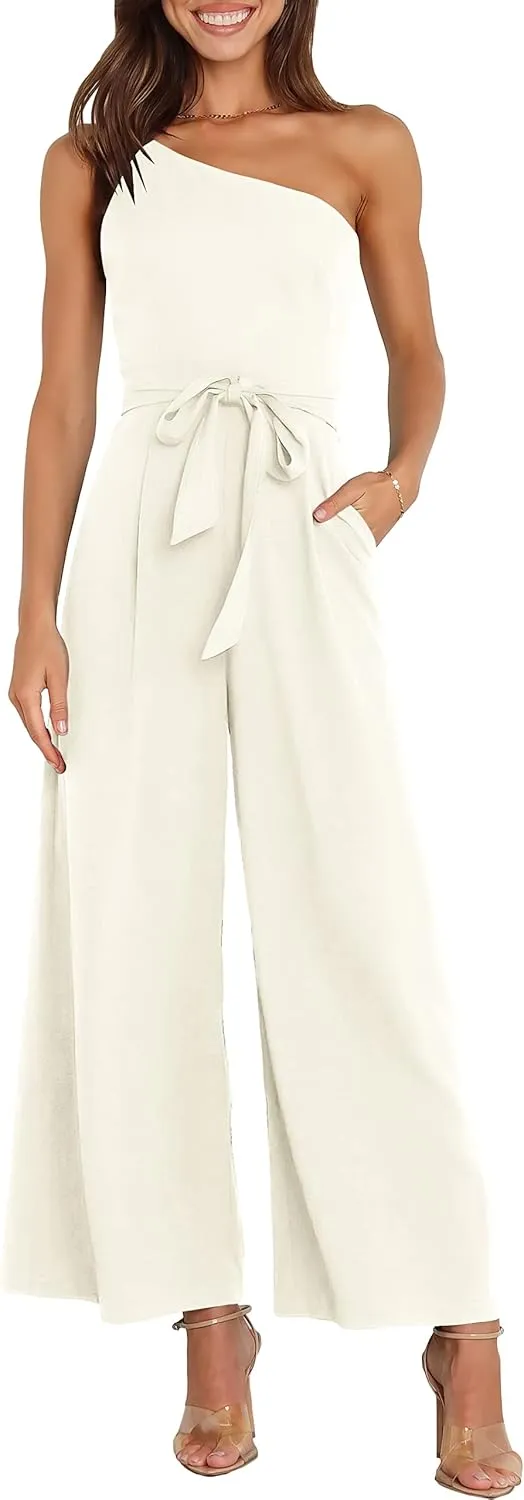 ANRABESS Women Summer Dressy Jumpsuits One Shoulder Sleeveless Casual Wide Leg Pants Romper Jumper 2025 Trendy Outfits