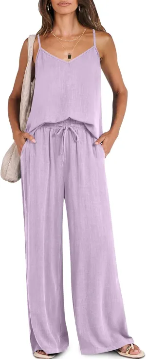ANRABESS Women's 2 Piece Linen Lounge Set Casual Matching Pants Jumpsuit Summer Beach Travel Vacation Trendy Outfits
