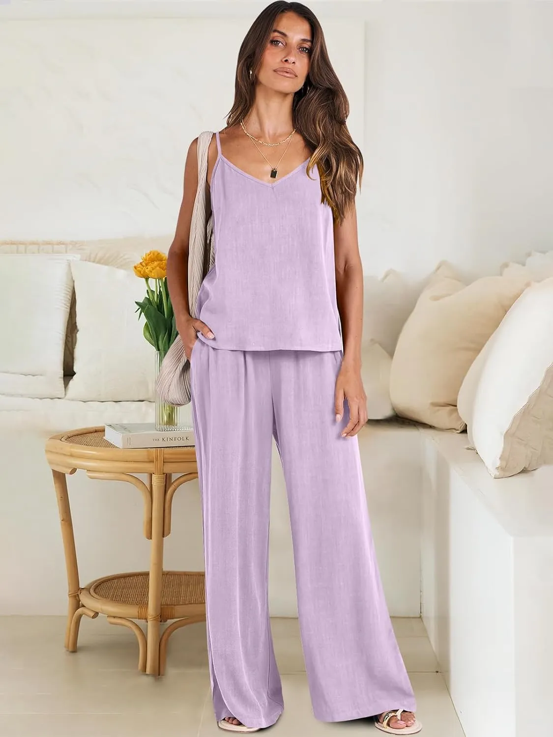 ANRABESS Women's 2 Piece Linen Lounge Set Casual Matching Pants Jumpsuit Summer Beach Travel Vacation Trendy Outfits