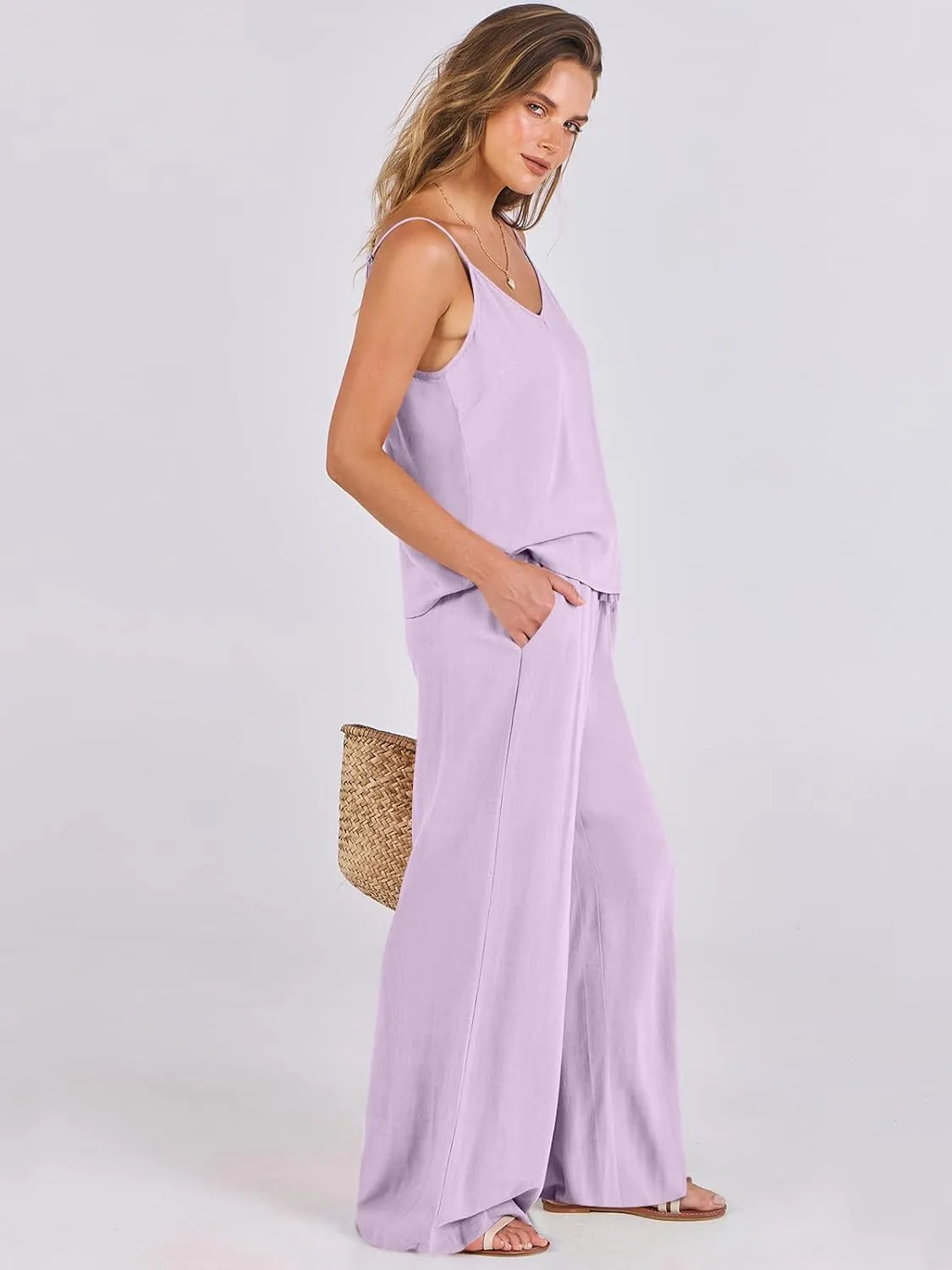 ANRABESS Women's 2 Piece Linen Lounge Set Casual Matching Pants Jumpsuit Summer Beach Travel Vacation Trendy Outfits