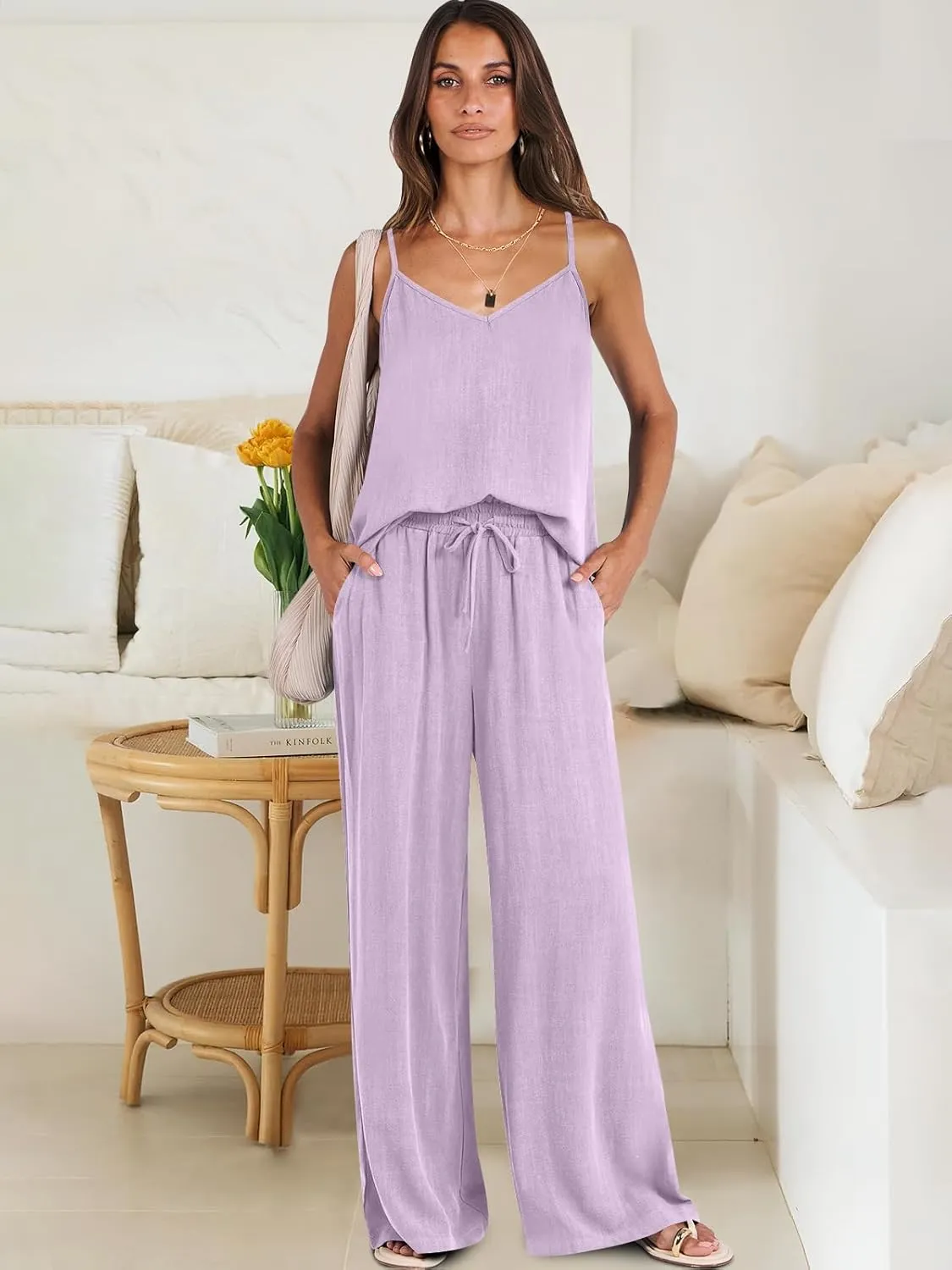 ANRABESS Women's 2 Piece Linen Lounge Set Casual Matching Pants Jumpsuit Summer Beach Travel Vacation Trendy Outfits