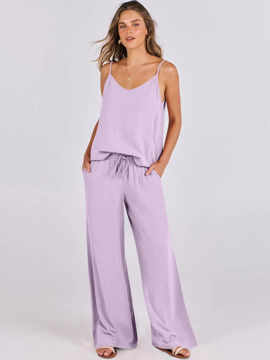 ANRABESS Women's 2 Piece Linen Lounge Set Casual Matching Pants Jumpsuit Summer Beach Travel Vacation Trendy Outfits