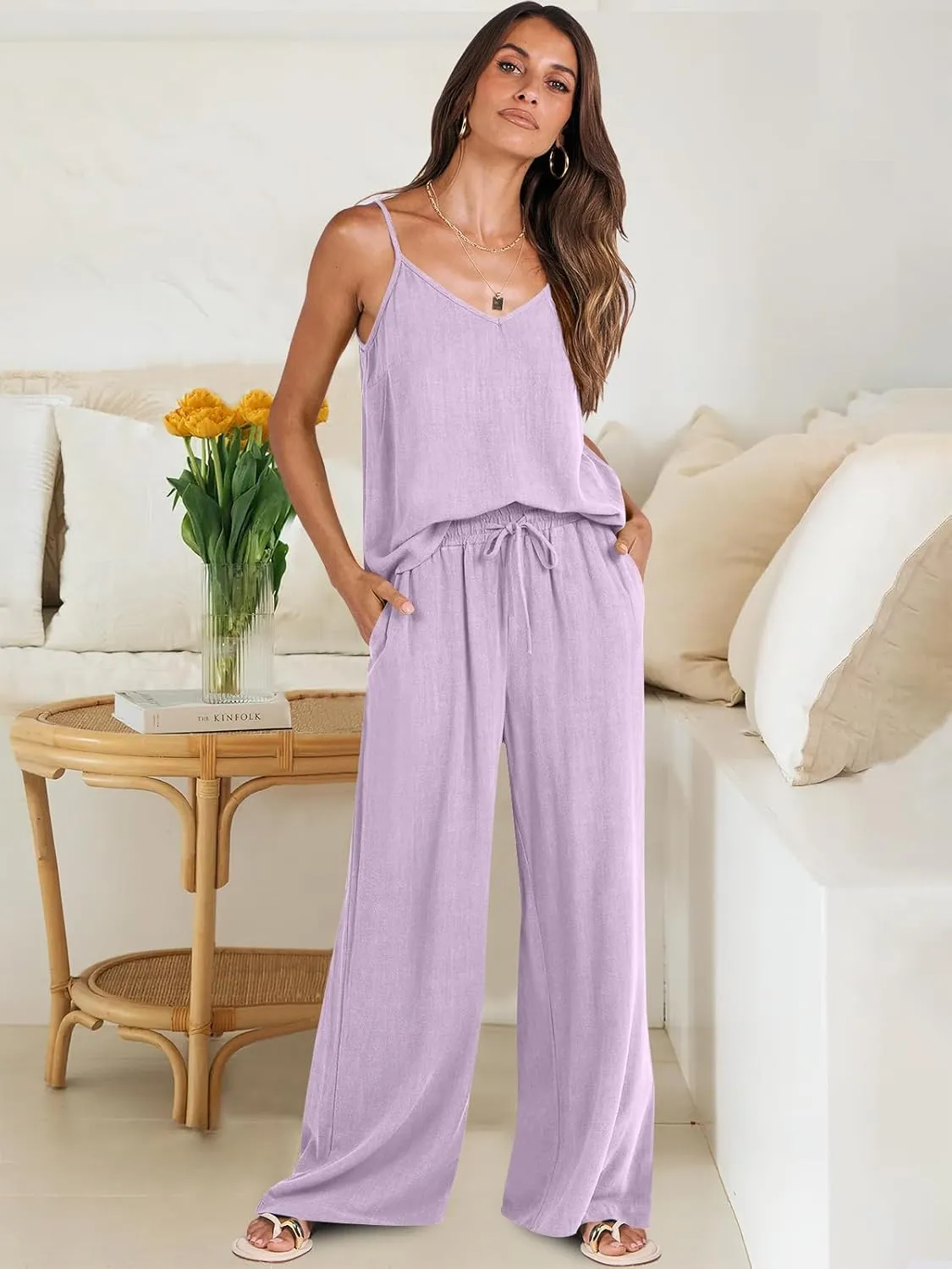ANRABESS Women's 2 Piece Linen Lounge Set Casual Matching Pants Jumpsuit Summer Beach Travel Vacation Trendy Outfits