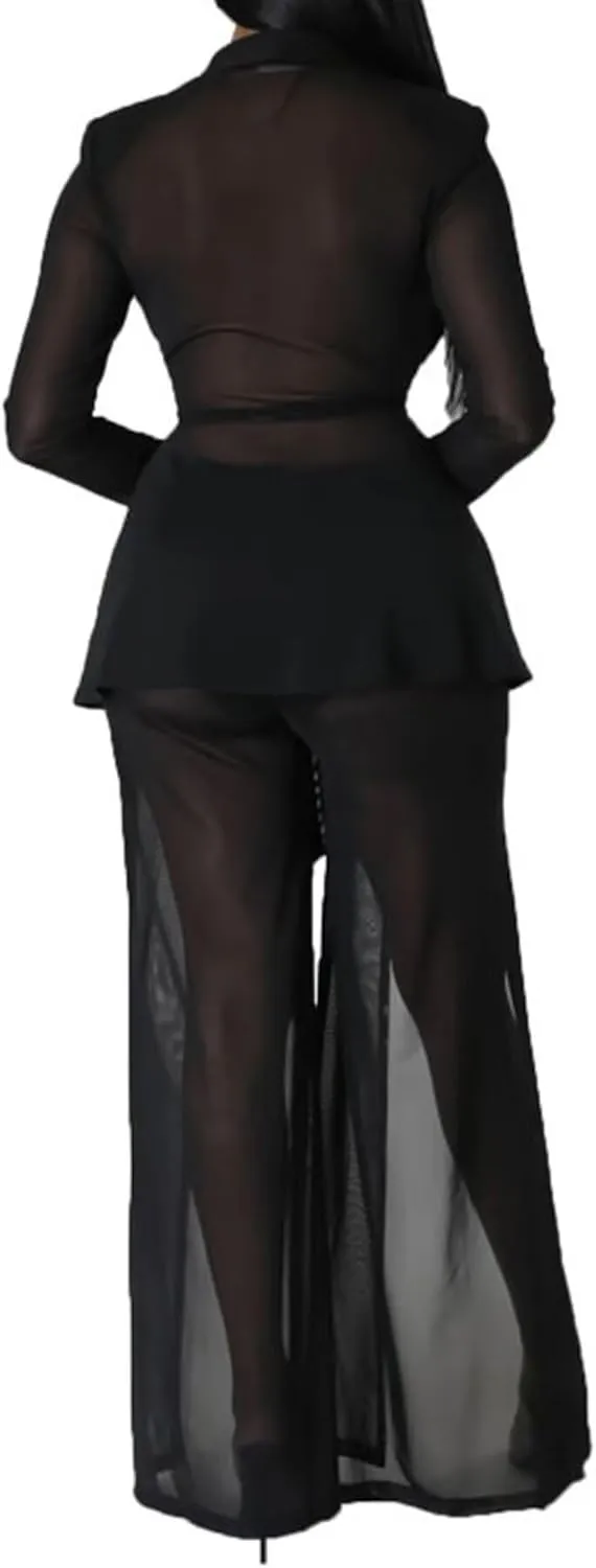 Aro Lora Womens Sexy 2 Piece Outfits See Through V Neck Top and Slits Wide Leg Pant Set Clubwear Tracksuits