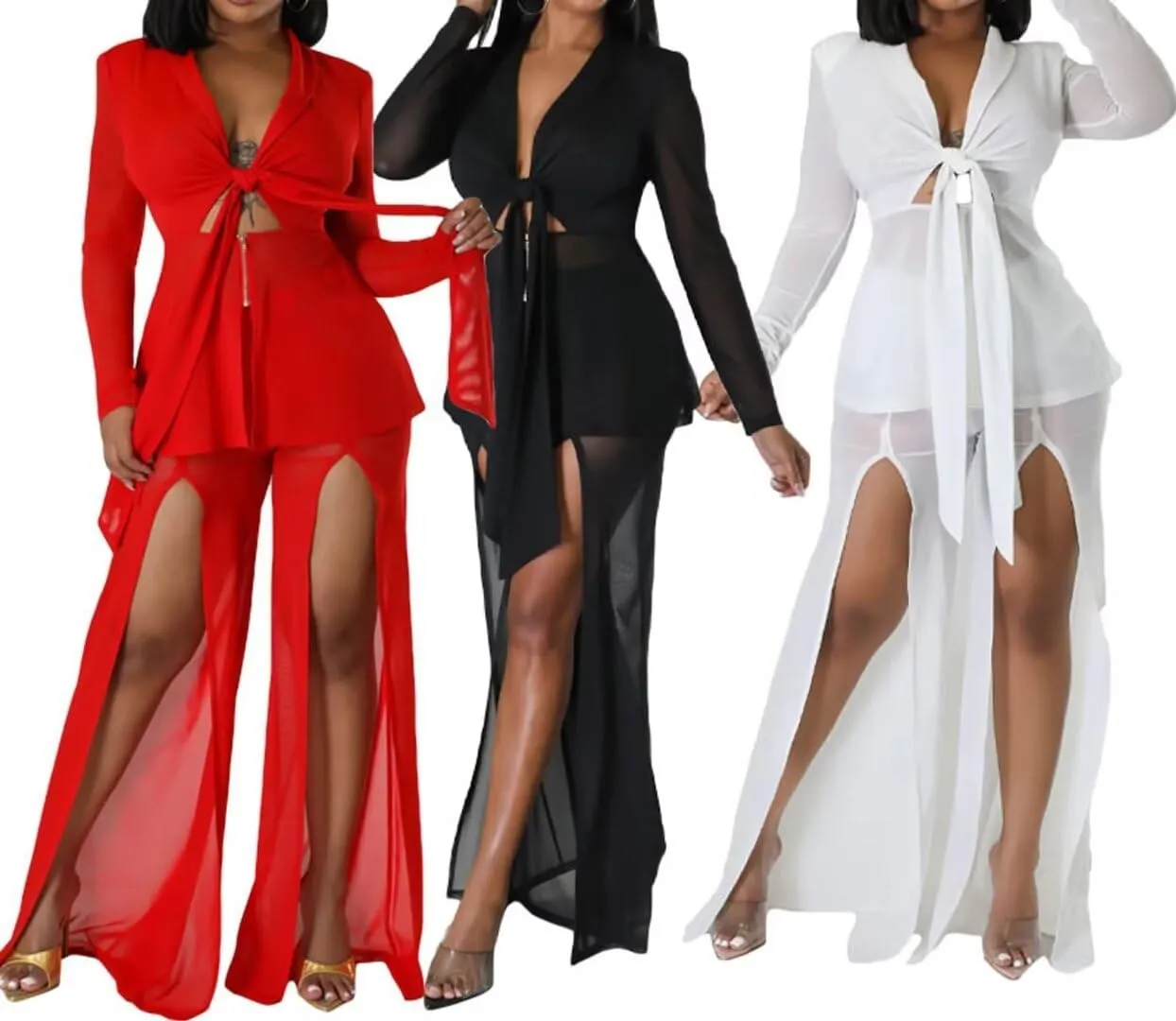 Aro Lora Womens Sexy 2 Piece Outfits See Through V Neck Top and Slits Wide Leg Pant Set Clubwear Tracksuits