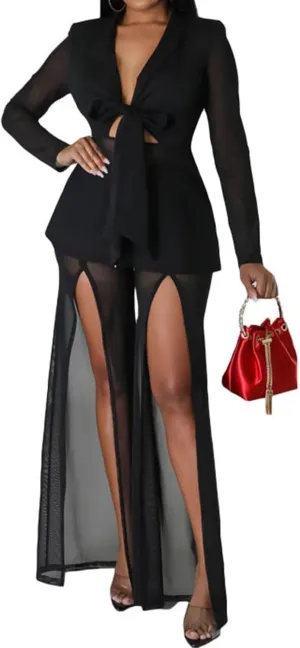 Aro Lora Womens Sexy 2 Piece Outfits See Through V Neck Top and Slits Wide Leg Pant Set Clubwear Tracksuits
