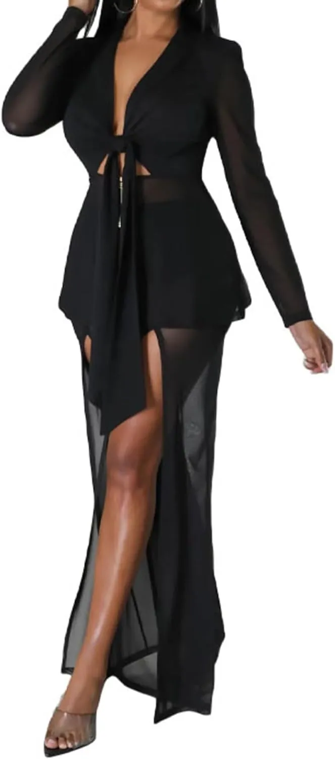 Aro Lora Womens Sexy 2 Piece Outfits See Through V Neck Top and Slits Wide Leg Pant Set Clubwear Tracksuits