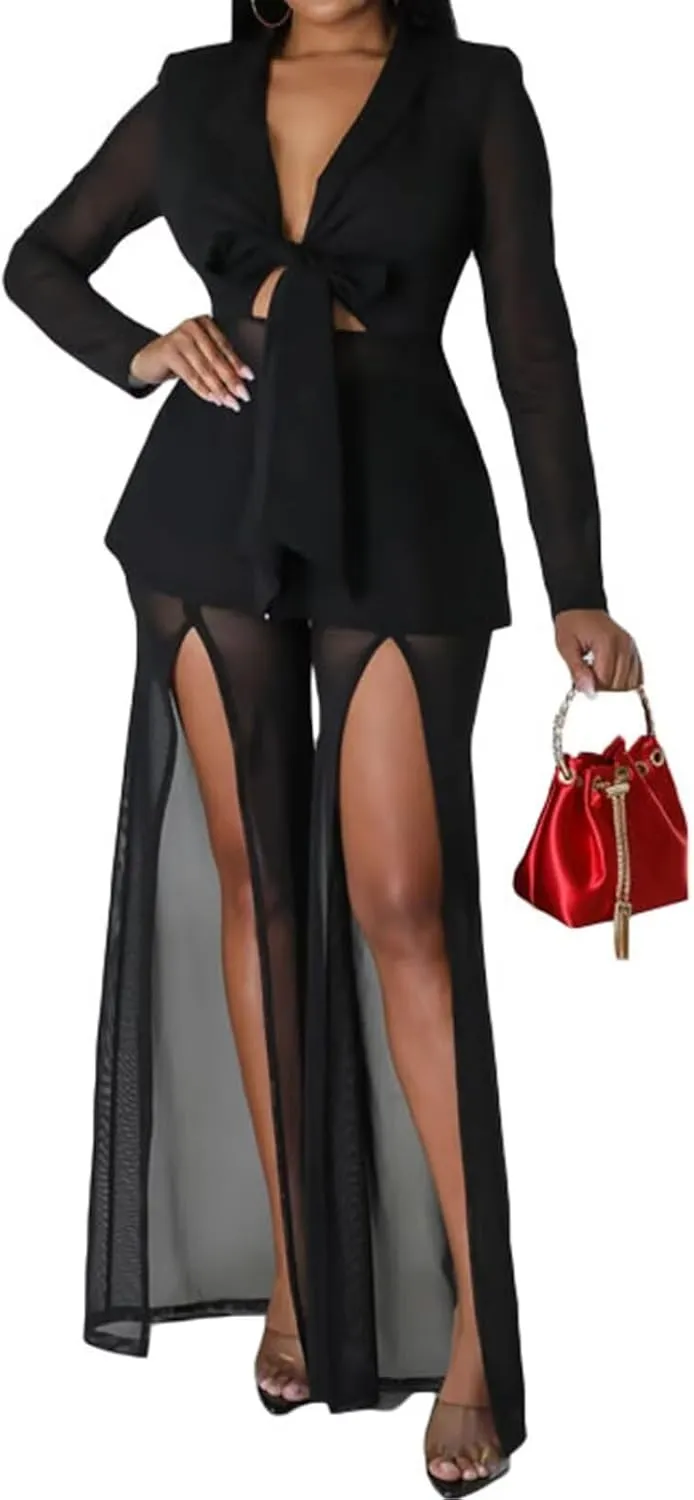 Aro Lora Womens Sexy 2 Piece Outfits See Through V Neck Top and Slits Wide Leg Pant Set Clubwear Tracksuits