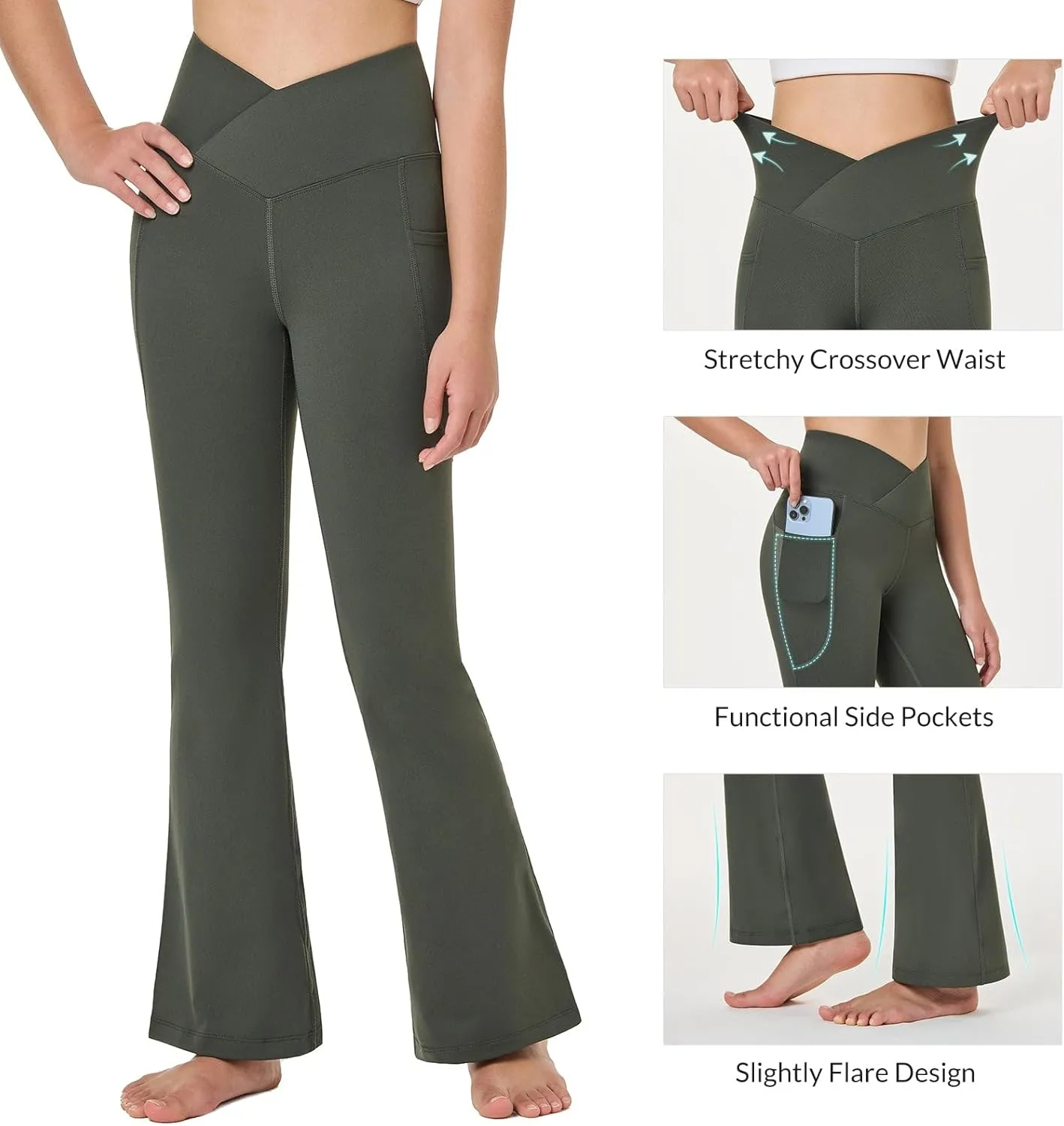 baleaf Girls' Flare Leggings Cross High Waisted Bootcut Yoga Dance Pants Kids Bell Bottoms Leggings with Pockets