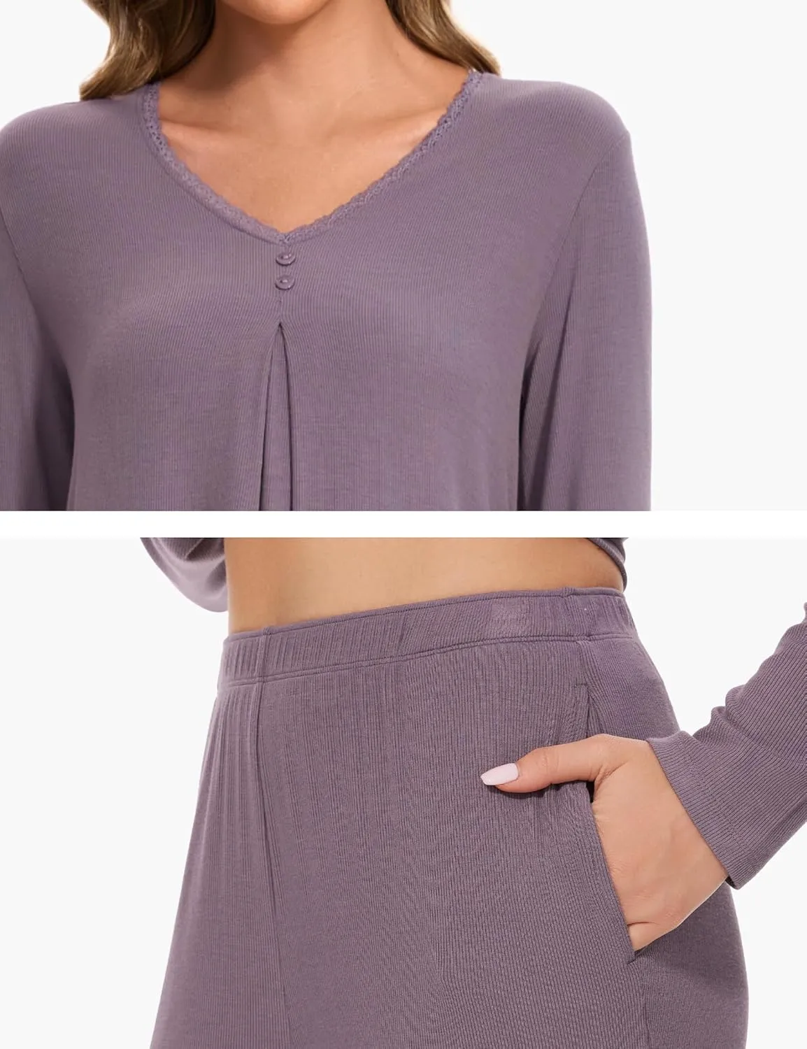 Bamboo Viscose Pajama Sets for Women Long Sleeve Sleepwear Sets with Pockets