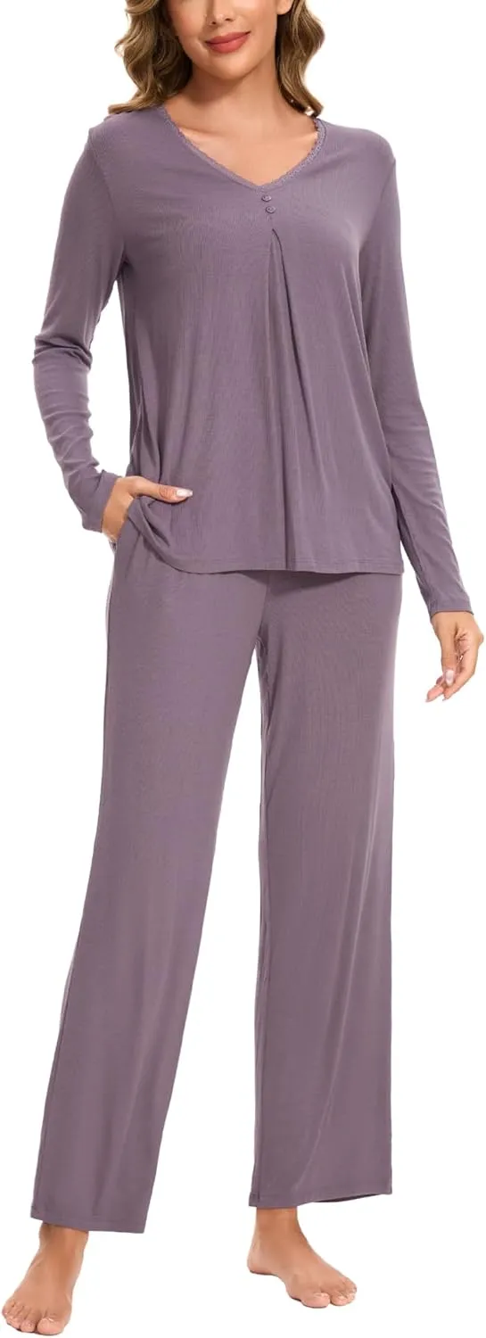 Bamboo Viscose Pajama Sets for Women Long Sleeve Sleepwear Sets with Pockets