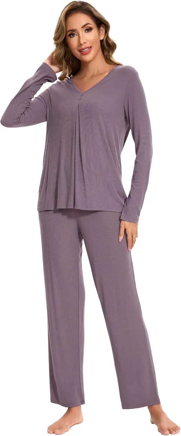 Bamboo Viscose Pajama Sets for Women Long Sleeve Sleepwear Sets with Pockets