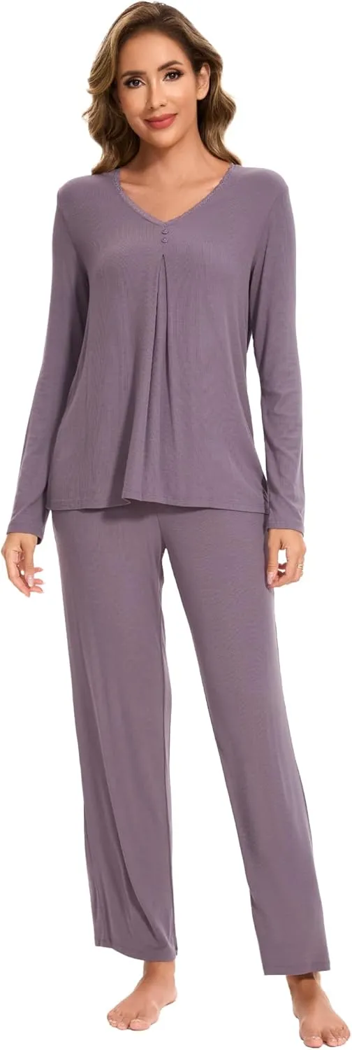 Bamboo Viscose Pajama Sets for Women Long Sleeve Sleepwear Sets with Pockets