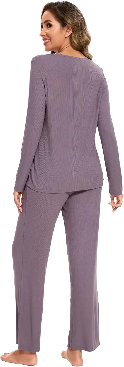 Bamboo Viscose Pajama Sets for Women Long Sleeve Sleepwear Sets with Pockets