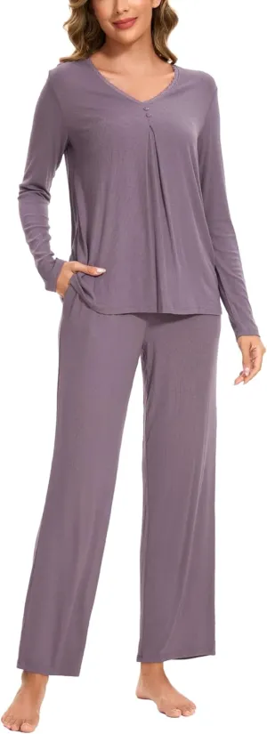 Bamboo Viscose Pajama Sets for Women Long Sleeve Sleepwear Sets with Pockets