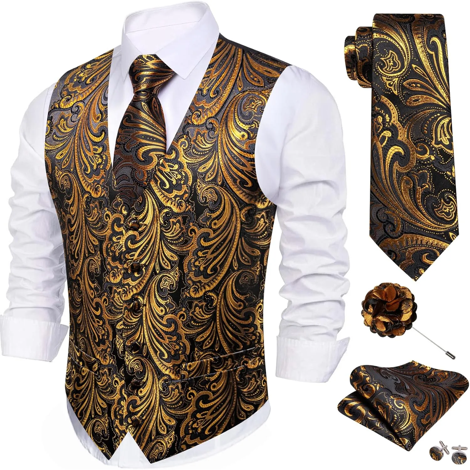 Barry.Wang Formal Men Flower Vest Paisley Jacquard Silk Ties Suit Waistcoat Set Wedding 5PCS