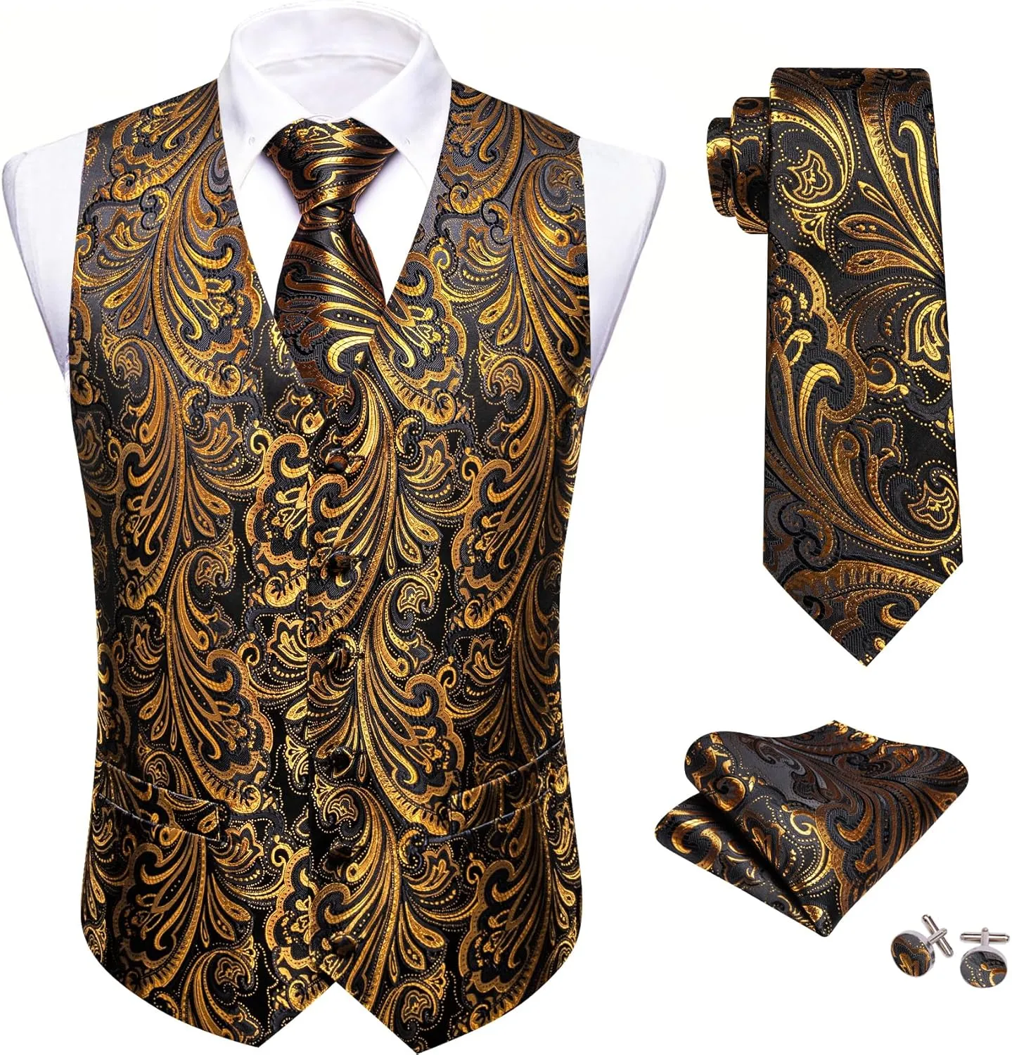 Barry.Wang Formal Men Flower Vest Paisley Jacquard Silk Ties Suit Waistcoat Set Wedding 5PCS