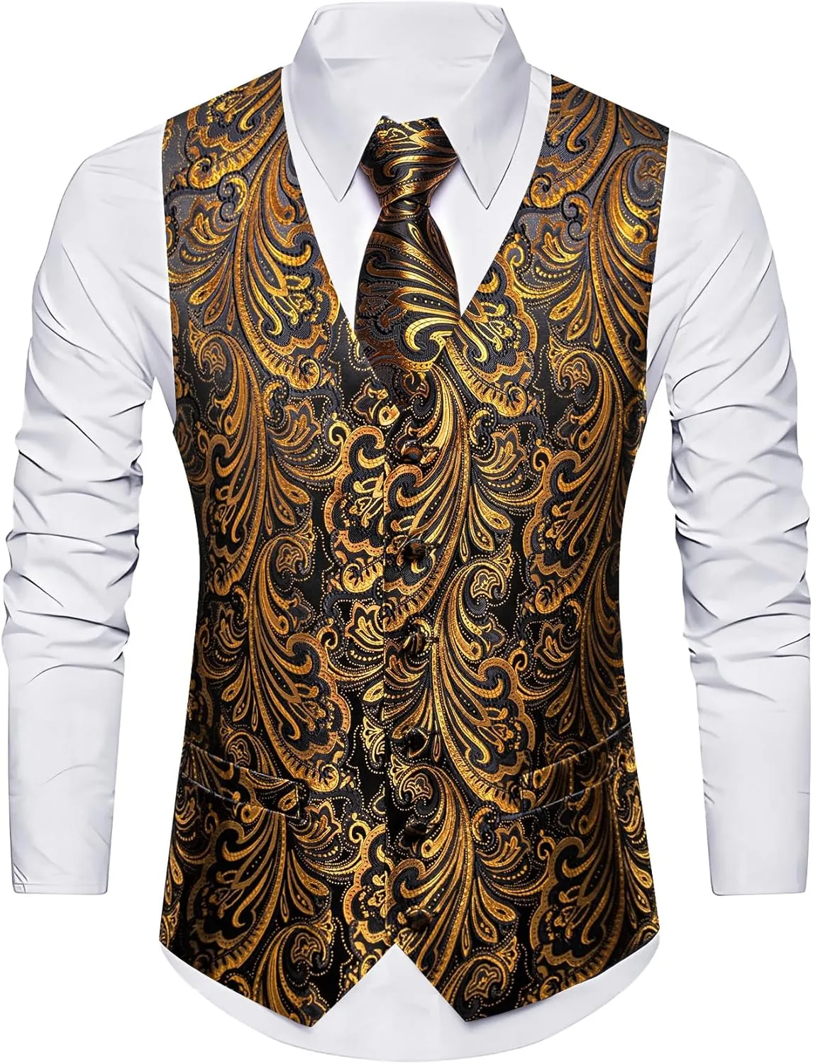 Barry.Wang Formal Men Flower Vest Paisley Jacquard Silk Ties Suit Waistcoat Set Wedding 5PCS