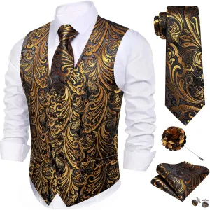 Barry.Wang Formal Men Flower Vest Paisley Jacquard Silk Ties Suit Waistcoat Set Wedding 5PCS