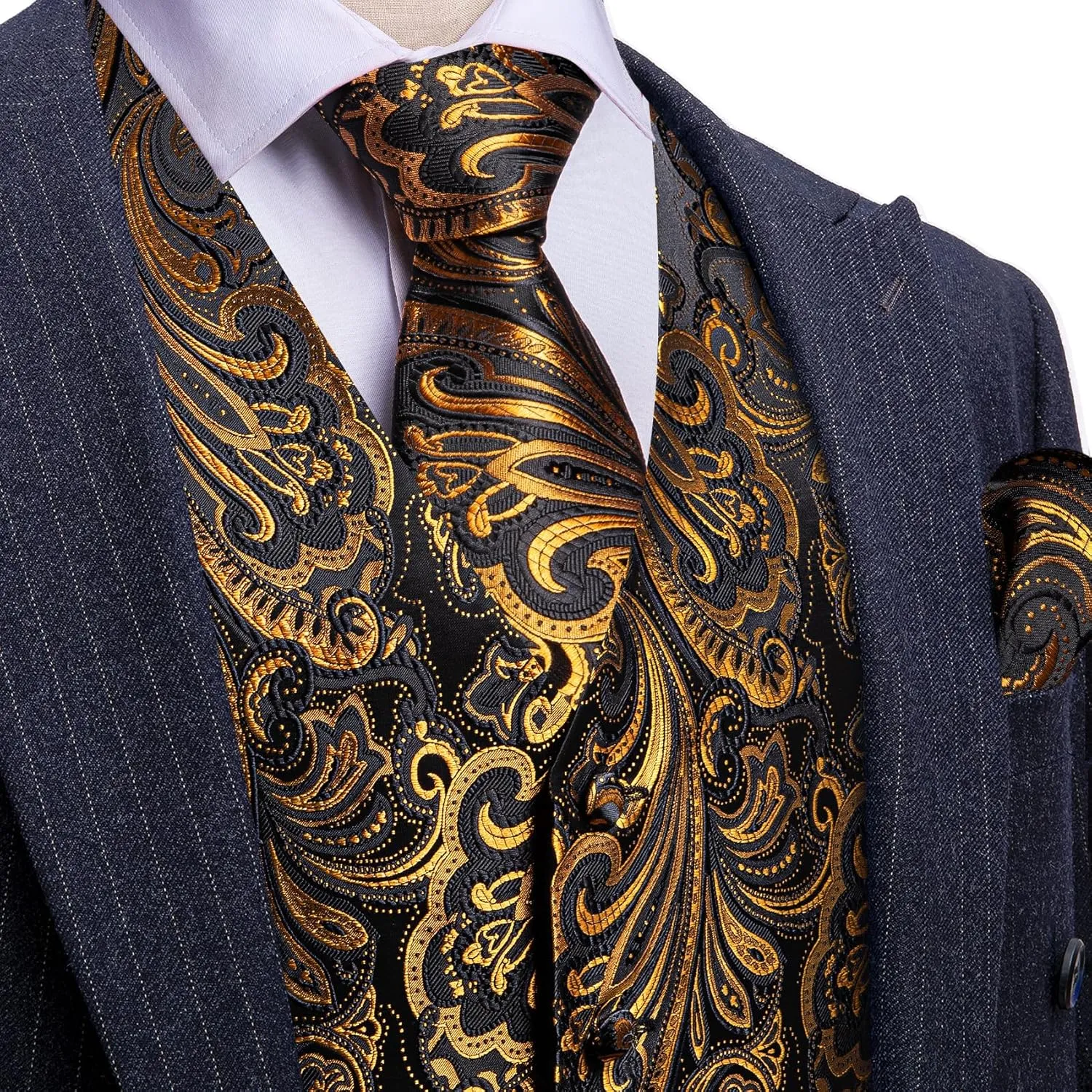 Barry.Wang Formal Men Flower Vest Paisley Jacquard Silk Ties Suit Waistcoat Set Wedding 5PCS