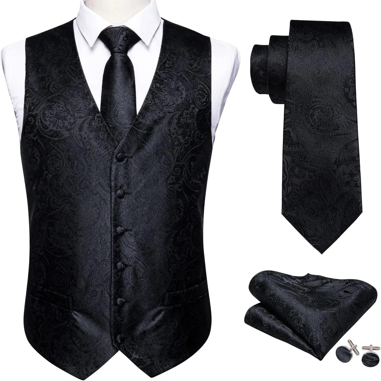 Barry.Wang Mens Suit Vest Paisley/Flower Silk Jacquard Waistcoat Ties Set Formal/Leisure 5PCS