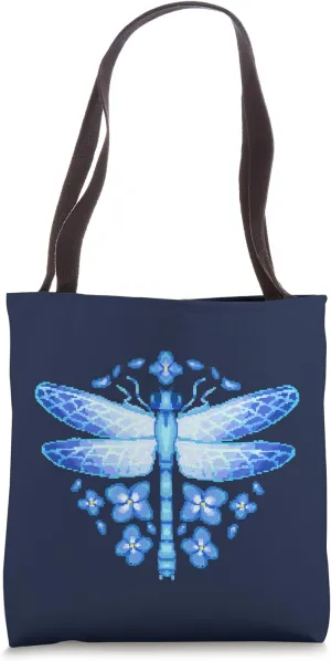 Blue Dragonfly Bug and Hydrangea Flowers in Pixel Art Tote Bag