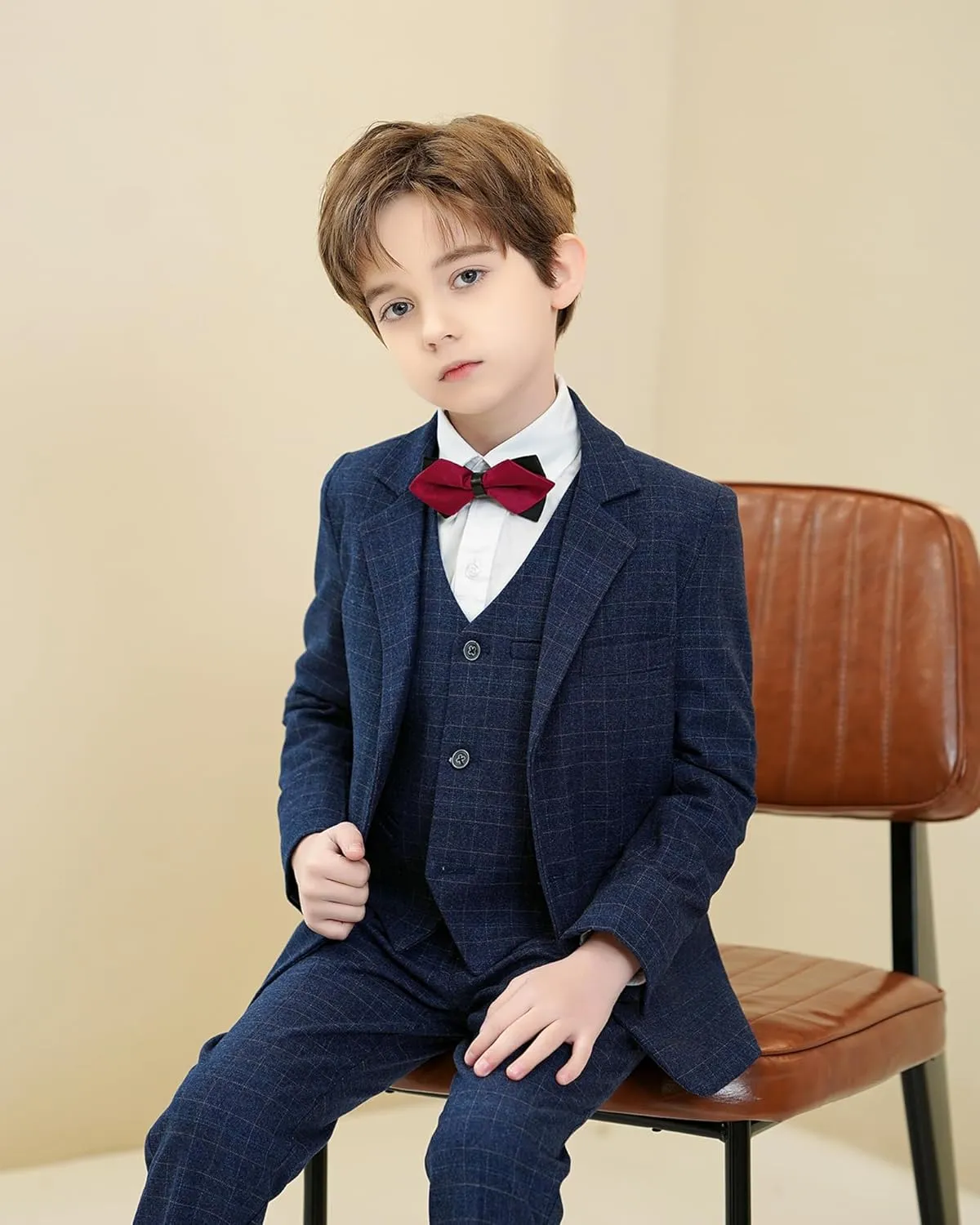 Boys Formal Suit Set Kids Toddler Tuxedo Slim Fit Plaid Suits for Teenage Boys 5-Piece Wedding Party Outfit