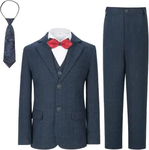 Boys Formal Suit Set Kids Toddler Tuxedo Slim Fit Plaid Suits for Teenage Boys 5-Piece Wedding Party Outfit