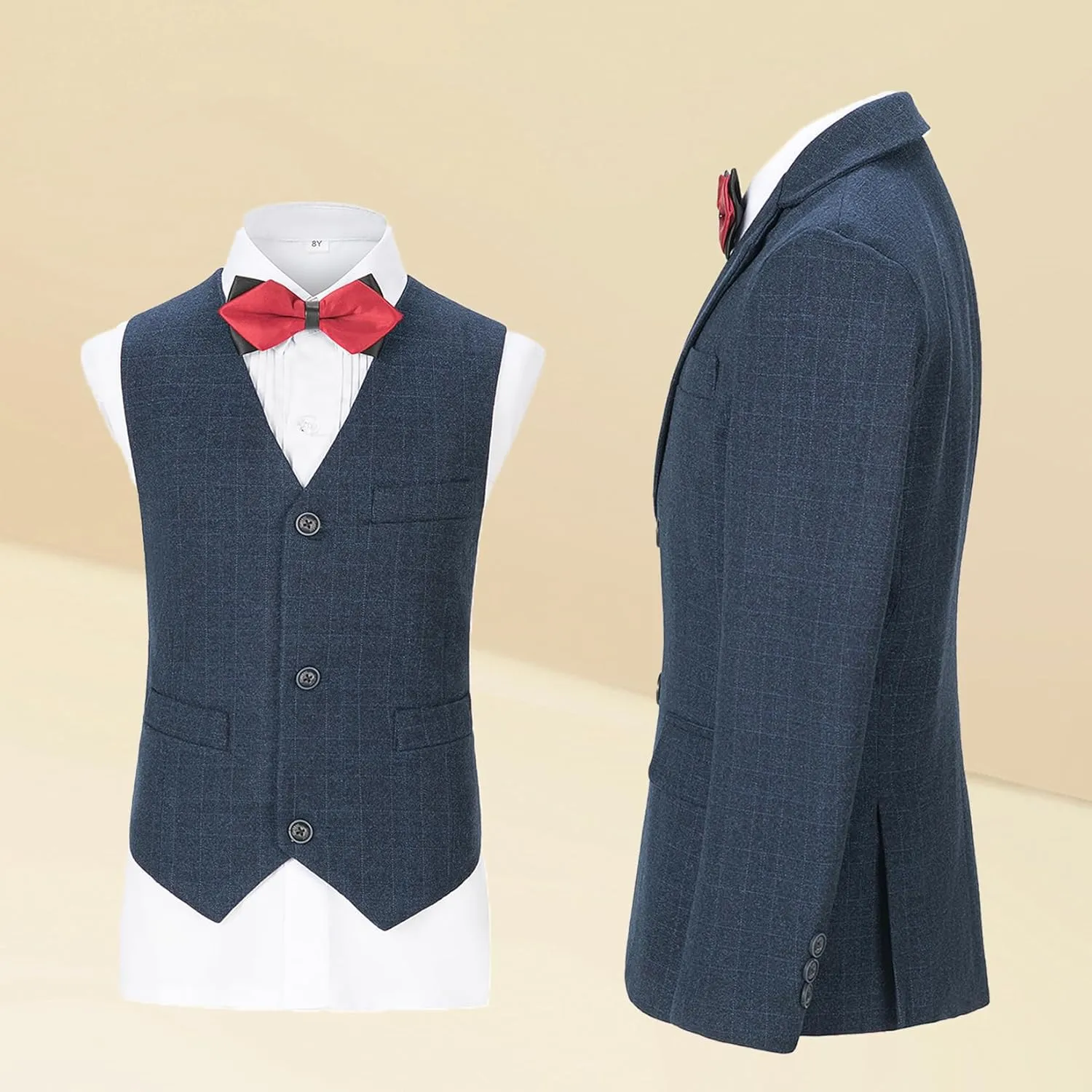 Boys Formal Suit Set Kids Toddler Tuxedo Slim Fit Plaid Suits for Teenage Boys 5-Piece Wedding Party Outfit