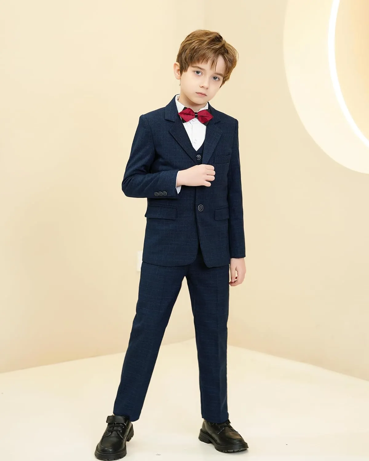 Boys Formal Suit Set Kids Toddler Tuxedo Slim Fit Plaid Suits for Teenage Boys 5-Piece Wedding Party Outfit