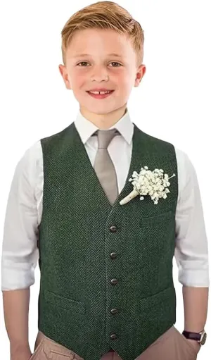 Boys Tweed Vest Vintage Toddler Waistcoat with Pocket Slim Fit Formal Dress Up Outfit