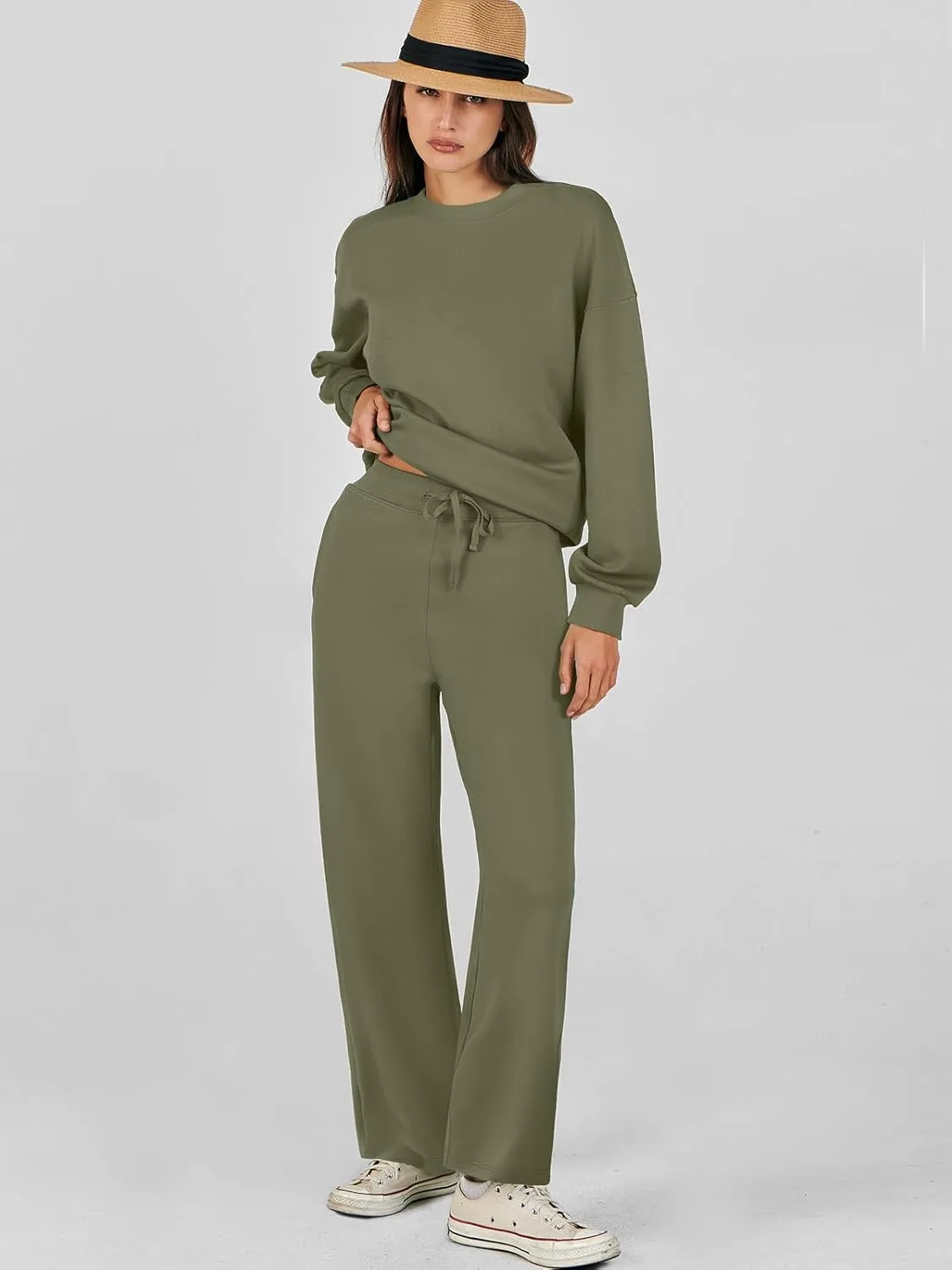 Caracilia Women's 2 Piece Outfits Sweatsuit Fall Crewneck Sweatshirts Wide Leg Pants Lounge Matching Sweat Sets Tracksuit