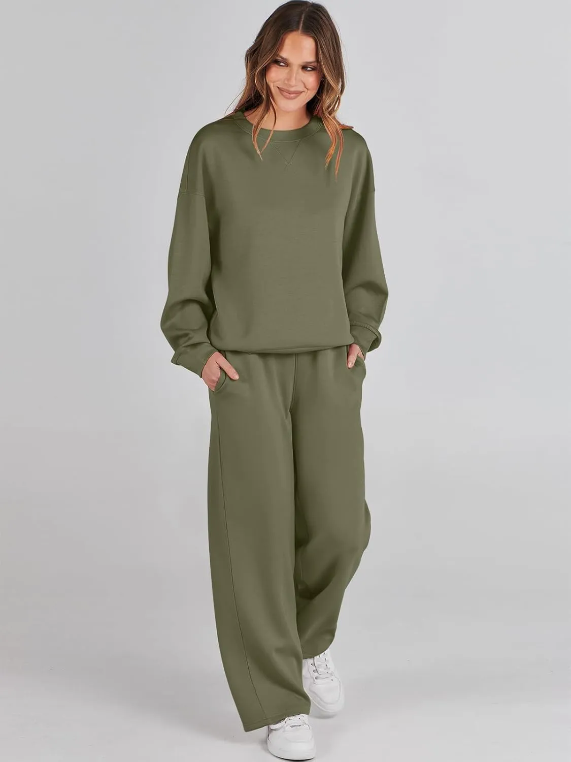 Caracilia Women's 2 Piece Outfits Sweatsuit Fall Crewneck Sweatshirts Wide Leg Pants Lounge Matching Sweat Sets Tracksuit