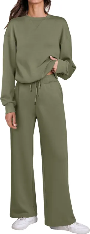 Caracilia Women's 2 Piece Outfits Sweatsuit Fall Crewneck Sweatshirts Wide Leg Pants Lounge Matching Sweat Sets Tracksuit