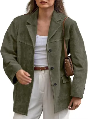 chouyatou Women's Faux Suede Blazer Jacket Notched Lapel Single Breasted Faux Suede Leather Suit Jacket