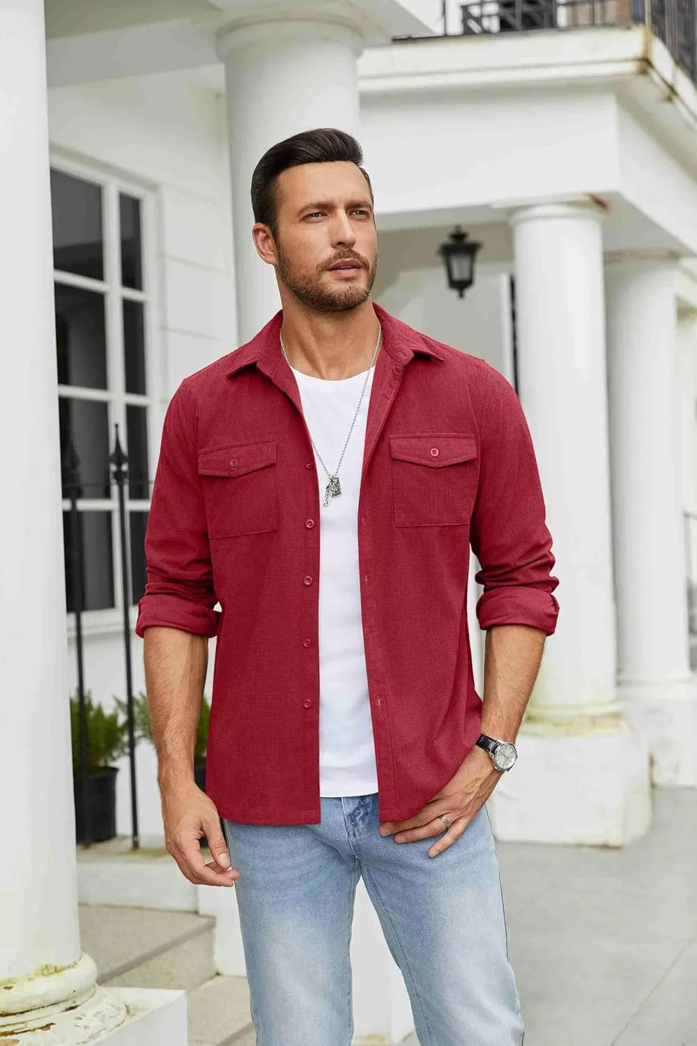 COOFANDY Men's Button Down Waffle Shirt Jacket Casual Long Sleeve Shacket Lightweight Overshirts with Flap Pockets