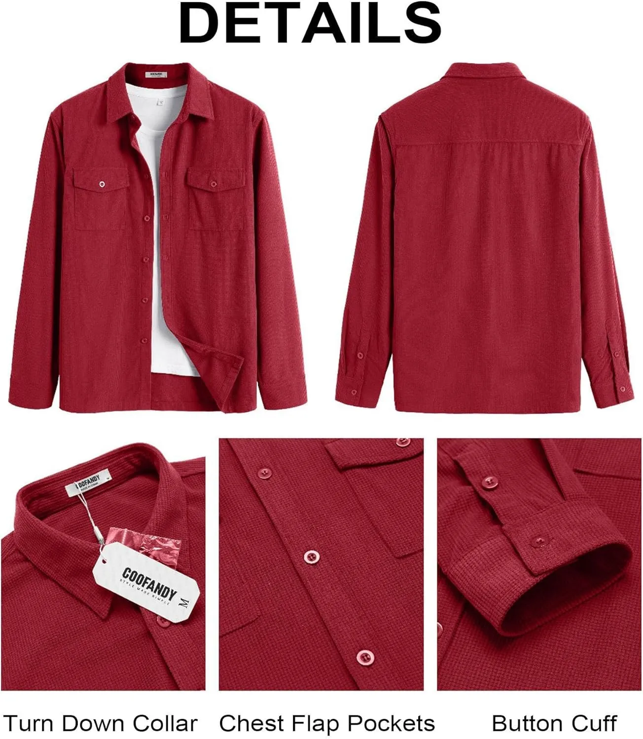 COOFANDY Men's Button Down Waffle Shirt Jacket Casual Long Sleeve Shacket Lightweight Overshirts with Flap Pockets