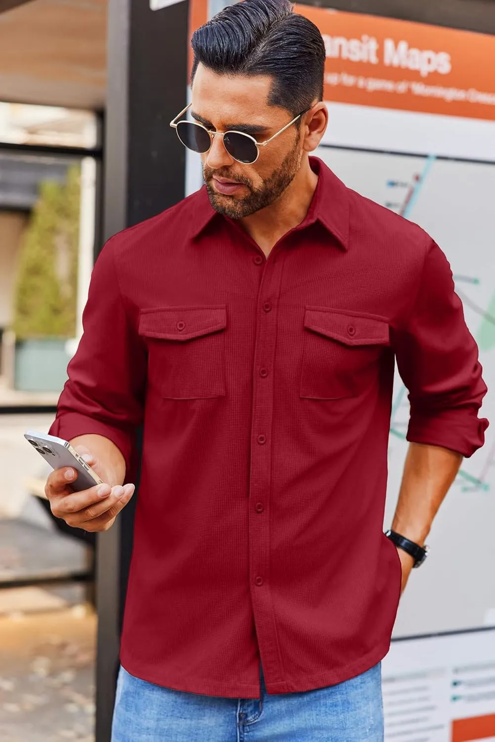 COOFANDY Men's Button Down Waffle Shirt Jacket Casual Long Sleeve Shacket Lightweight Overshirts with Flap Pockets