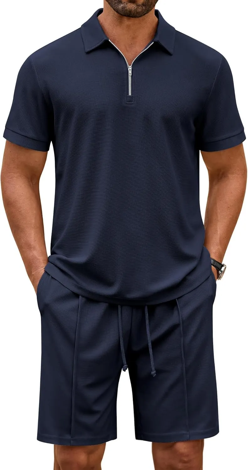 COOFANDY Men's Track Suits 2 Piece Set Quarter Zip Polo Shirt and Shorts Set Summer Casual Outfits