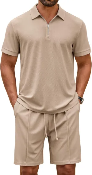 COOFANDY Men's Track Suits 2 Piece Set Quarter Zip Polo Shirt and Shorts Set Summer Casual Outfits