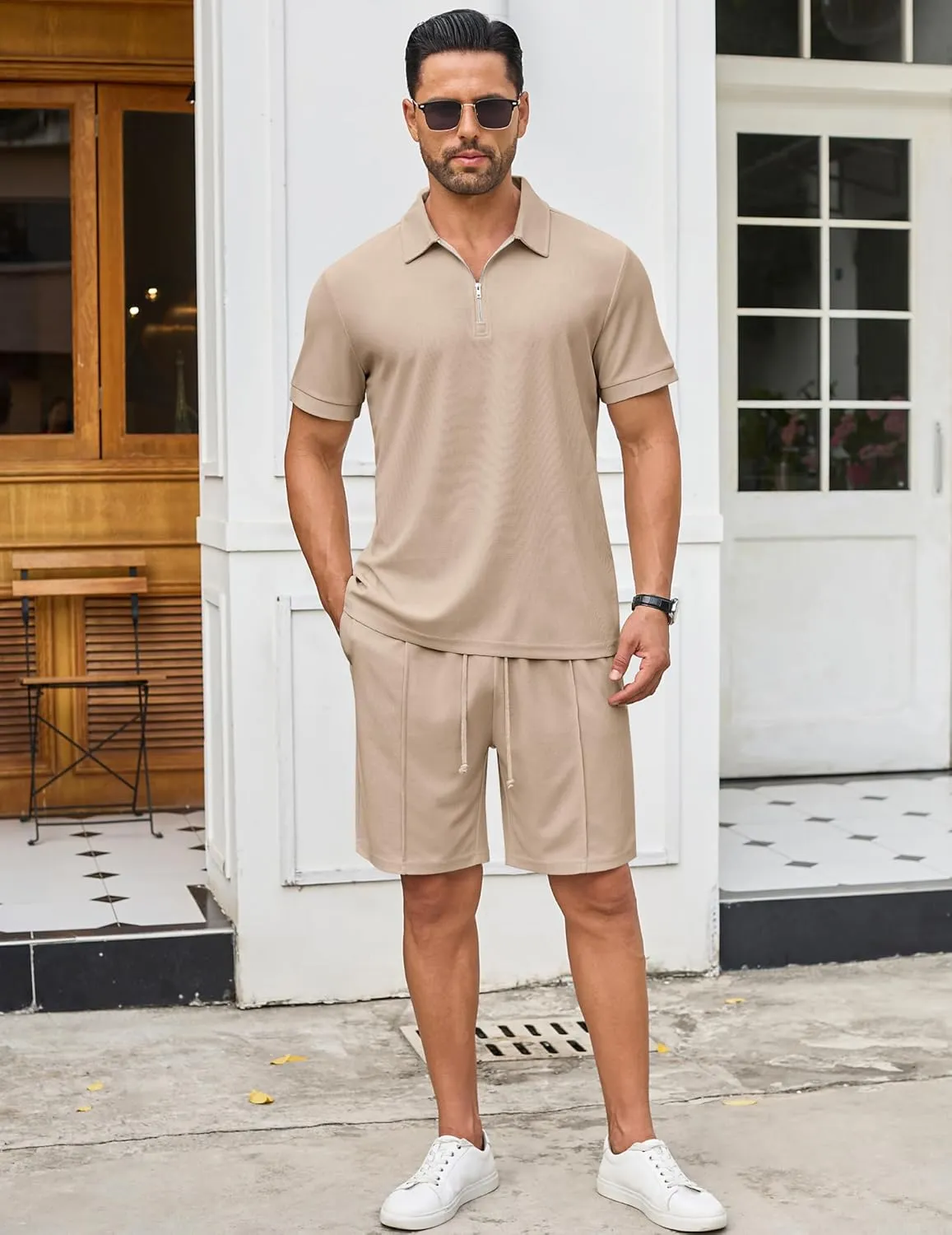 COOFANDY Men's Track Suits 2 Piece Set Quarter Zip Polo Shirt and Shorts Set Summer Casual Outfits
