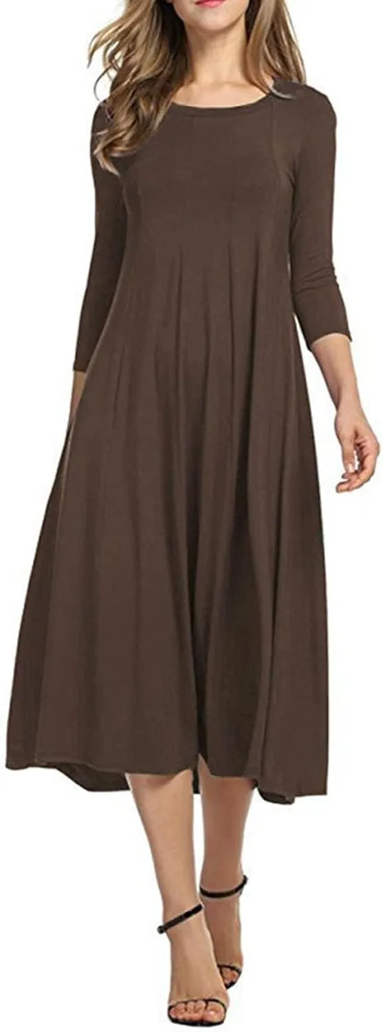 Cotton Dresses for Women Solid Basic Pleated Crew Neck Short Sleeve Midi Dresses 2025 Trendy Plus Size Swing Dress