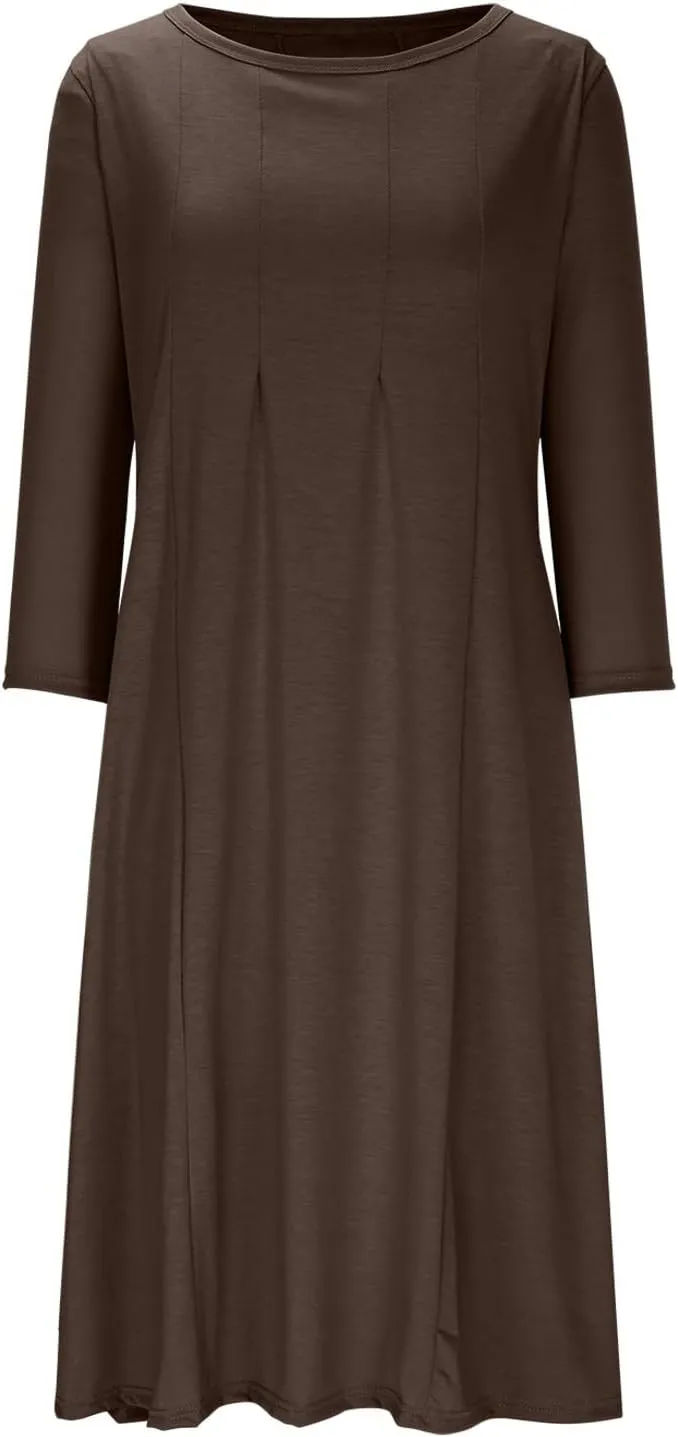 Cotton Dresses for Women Solid Basic Pleated Crew Neck Short Sleeve Midi Dresses 2025 Trendy Plus Size Swing Dress