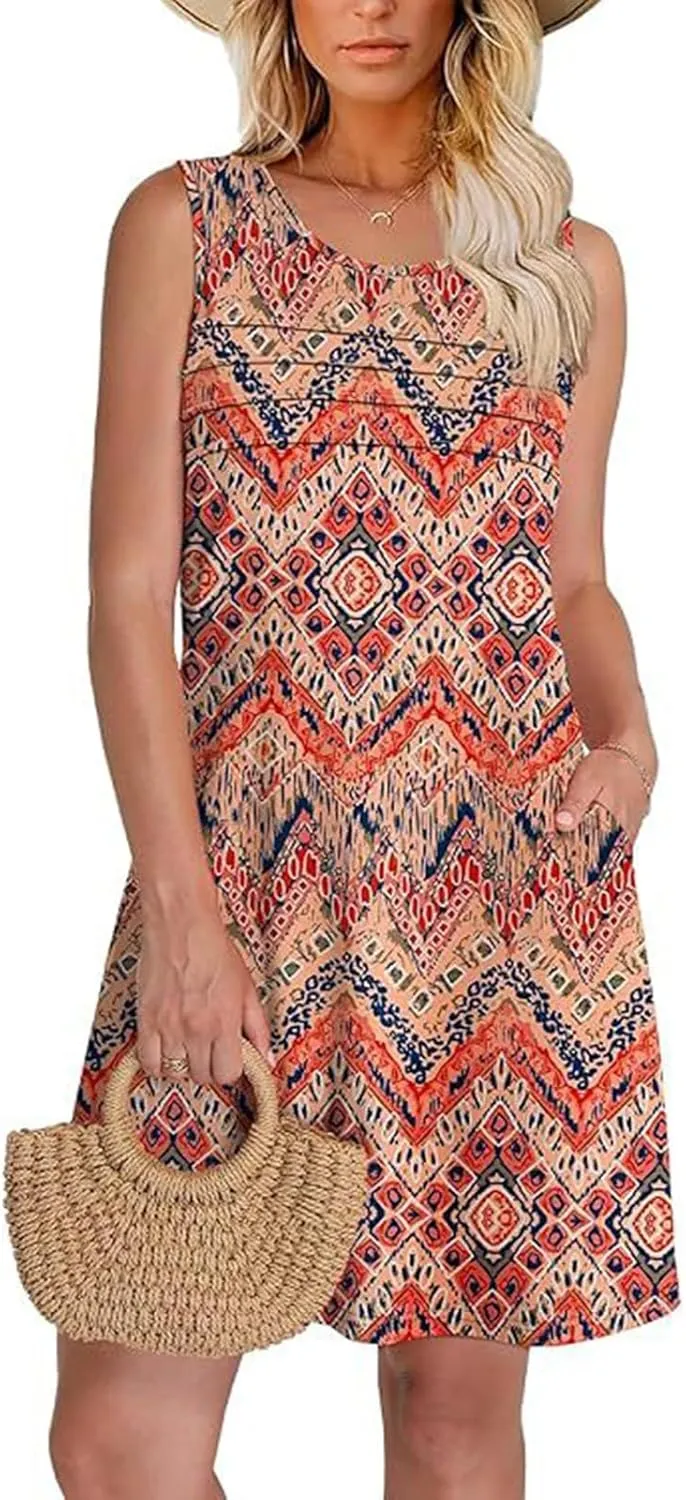 Cover Up Summer Dresses for Women 2025 Loose Beach Vacation Casual Crew Neck Sleeveless Sundresses with Pockets Tank Dress