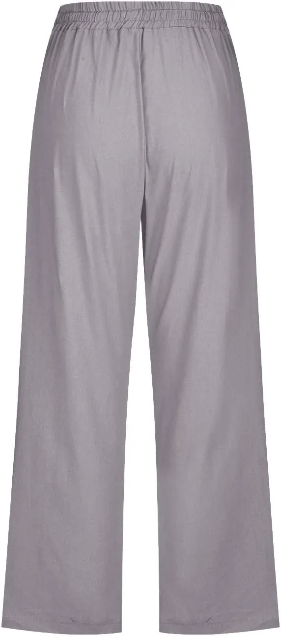 Drawstring Capris for Women Summer Wide Leg Ankle Pants Lightweight Cotton Linen Capri Pants Loose Cropped Trousers